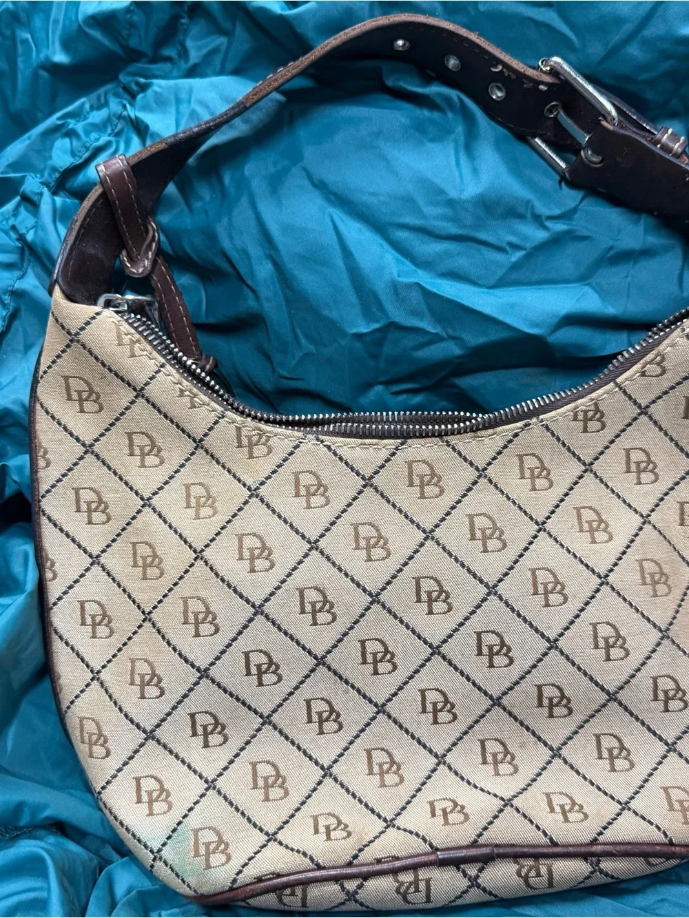 Dooney & Bourke Tan Monogram Hobo with Brown Leather Trim